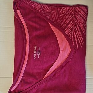 Catherines | Women's Raspberry Pink Tropical V-Neck Short Sleeves Cotton Tee 1X